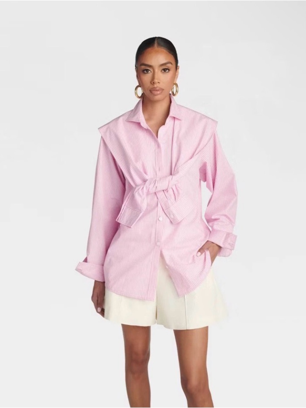 Pink Striped Tie-Front Shirt Jacket
